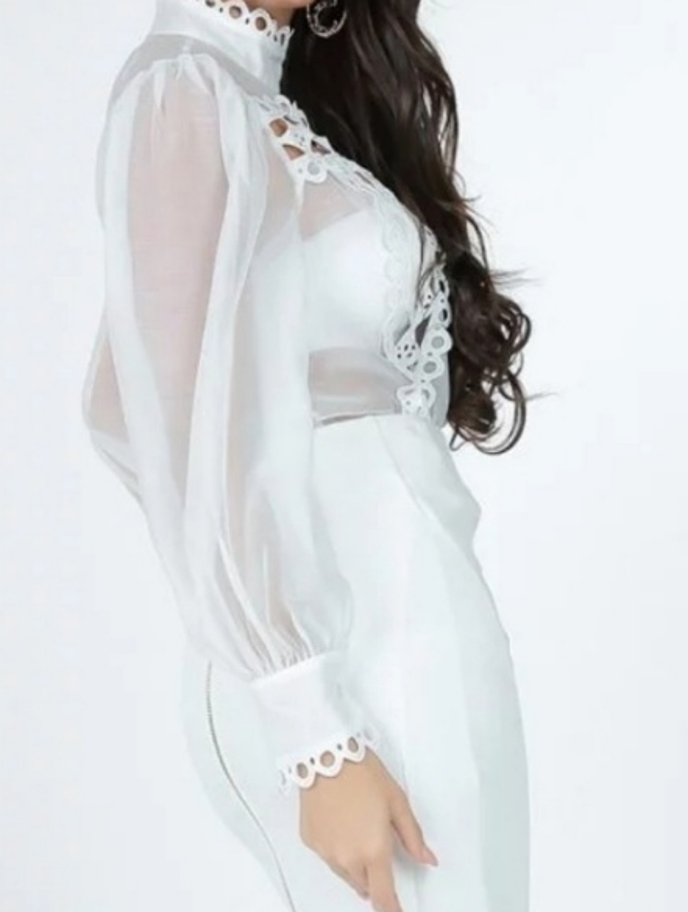 Sheer Lace-Trim White Sheer Blouse - Women Top - Picture 3 of 4